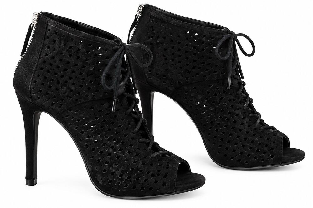 ZARA BASIC BLACK SUEDE PERFORATED LACE UP PEEP TOE STILETTO BOOTIES 38 US 7.5